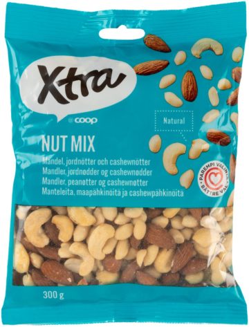 Xtra Manteleita, kuorettomia maapähkinöitä ja cashewpähkinöitä